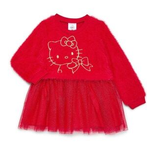 Hello Kitty Toddler Girls Red Gold Long Sleeve Fuzzy Tutu Tulle Dress - 2T